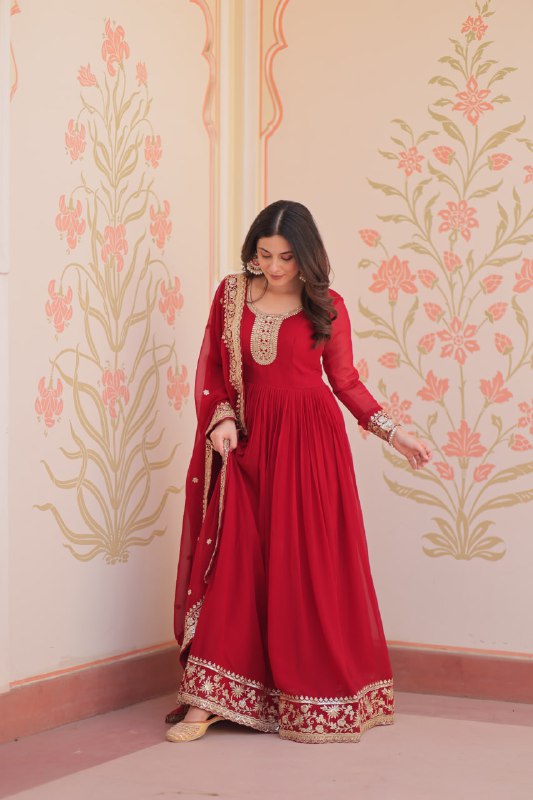 Maroon Faux Blooming Georgette Saree with Zari & Sequins Embroidery – Elegant Ethnic Wear