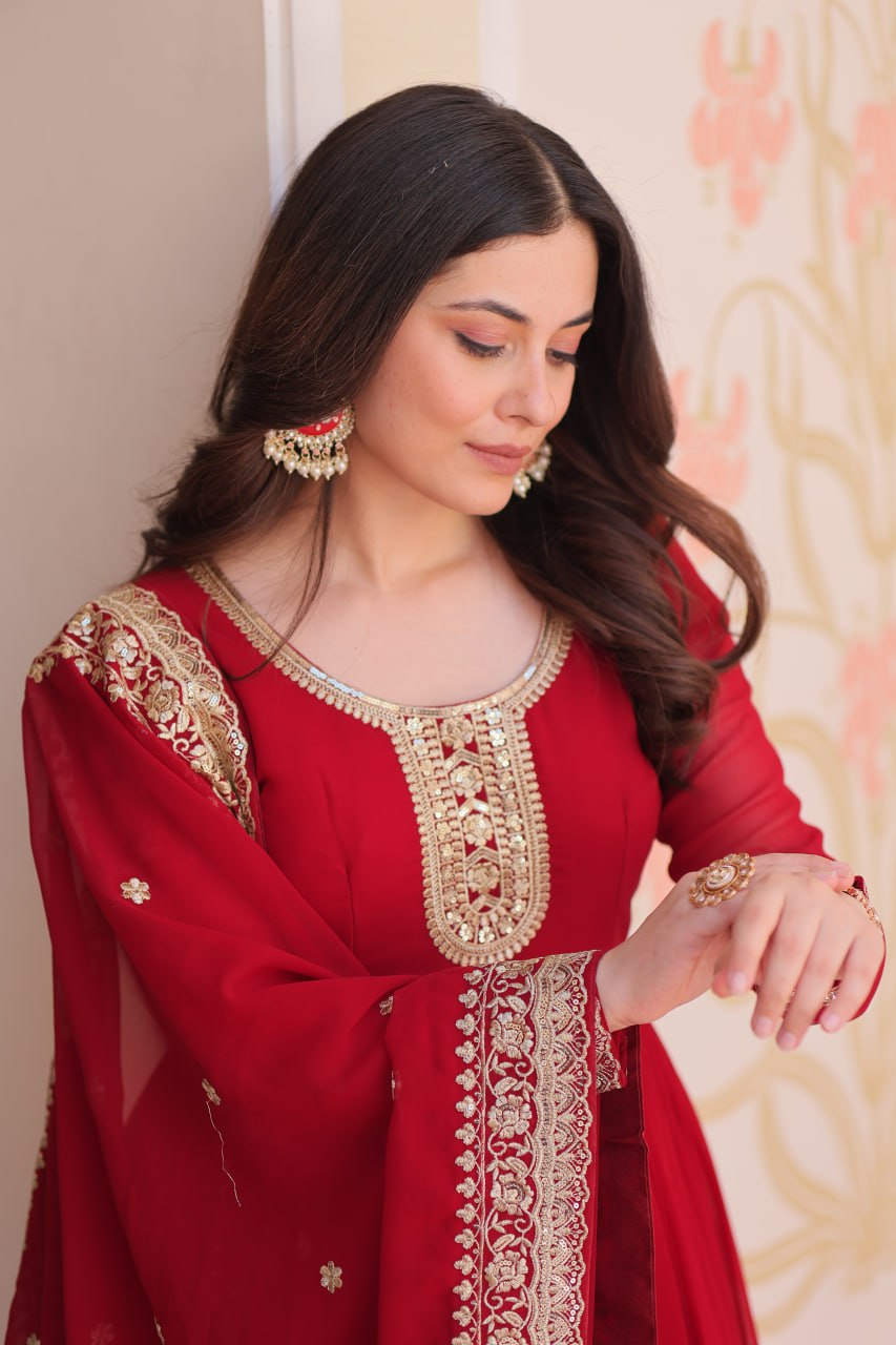 Maroon Faux Blooming Georgette Saree with Zari & Sequins Embroidery – Elegant Ethnic Wear