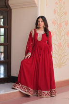 Maroon Faux Blooming Georgette Saree with Zari & Sequins Embroidery – Elegant Ethnic Wear