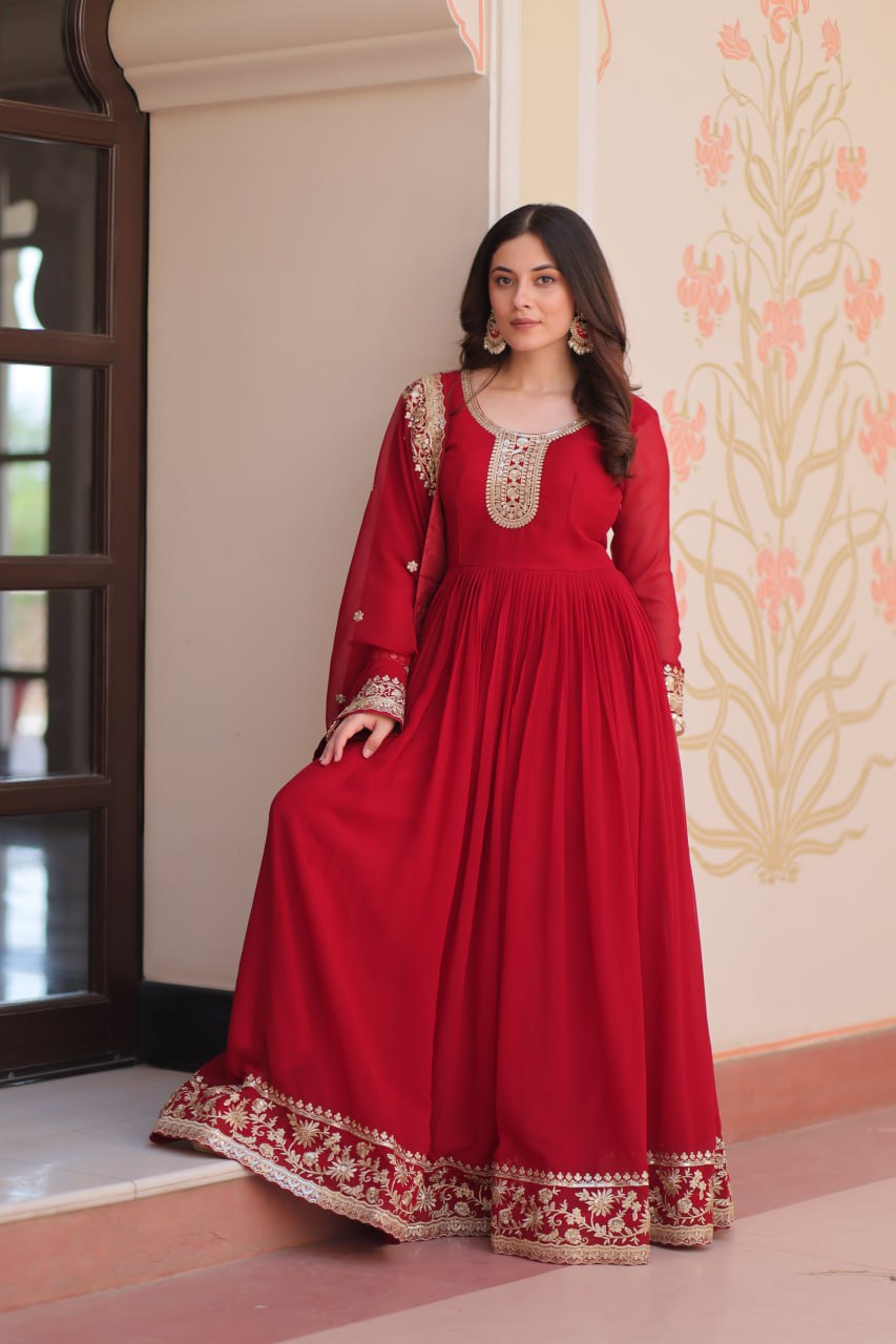Maroon Faux Blooming Georgette Saree with Zari & Sequins Embroidery – Elegant Ethnic Wear