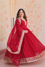 Maroon Faux Blooming Georgette Saree with Zari & Sequins Embroidery – Elegant Ethnic Wear