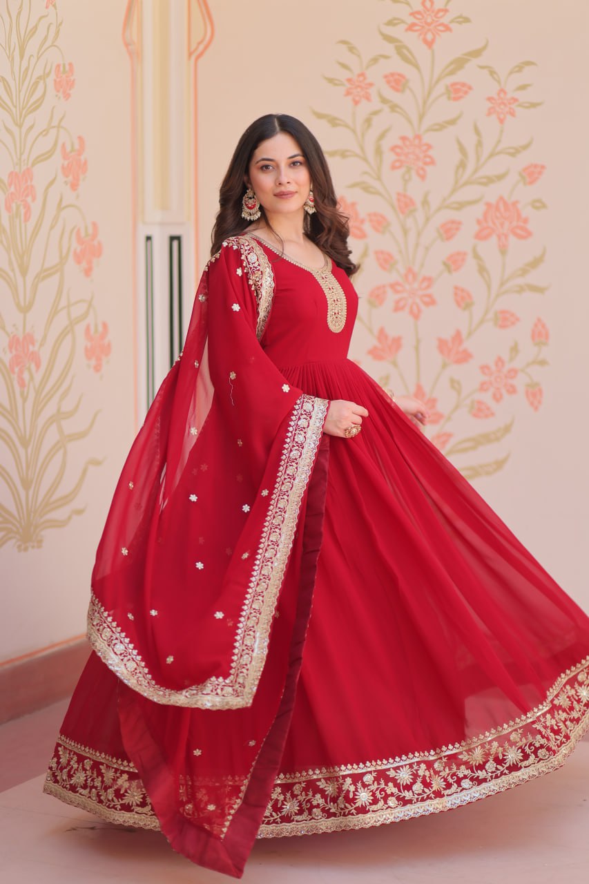 Maroon Faux Blooming Georgette Saree with Zari & Sequins Embroidery – Elegant Ethnic Wear