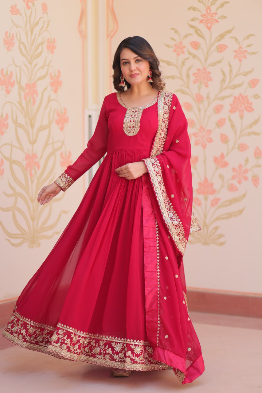 Rani Pink Faux Blooming Georgette Saree with Zari & Sequins Embroidery – Elegant Ethnic Wear