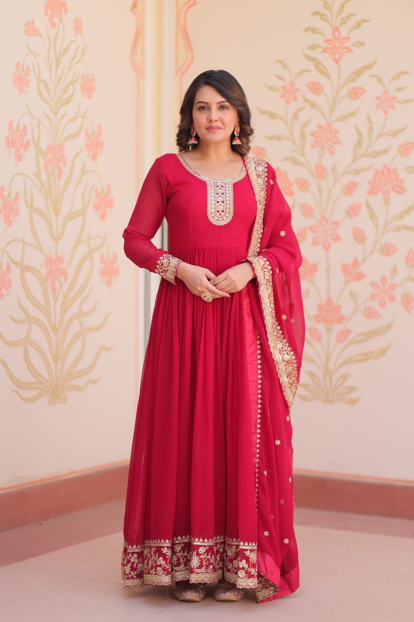 Rani Pink Faux Blooming Georgette Saree with Zari & Sequins Embroidery – Elegant Ethnic Wear