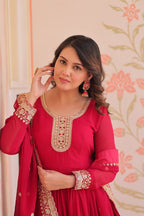 Rani Pink Faux Blooming Georgette Saree with Zari & Sequins Embroidery – Elegant Ethnic Wear