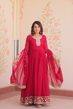 Rani Pink Faux Blooming Georgette Saree with Zari & Sequins Embroidery – Elegant Ethnic Wear
