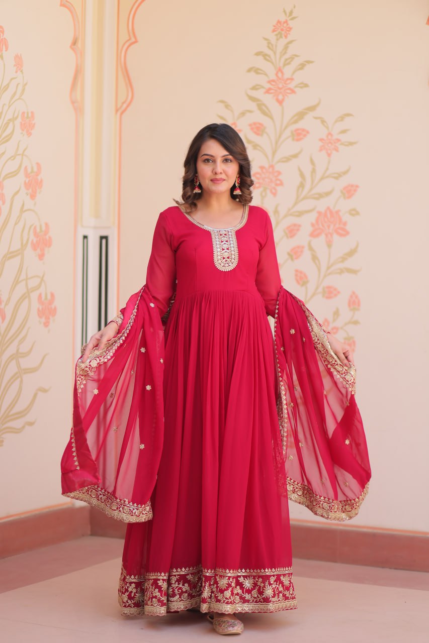Rani Pink Faux Blooming Georgette Saree with Zari & Sequins Embroidery – Elegant Ethnic Wear