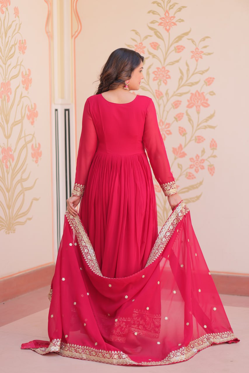 Rani Pink Faux Blooming Georgette Saree with Zari & Sequins Embroidery – Elegant Ethnic Wear