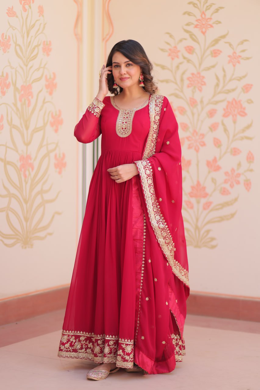 Rani Pink Faux Blooming Georgette Saree with Zari & Sequins Embroidery – Elegant Ethnic Wear