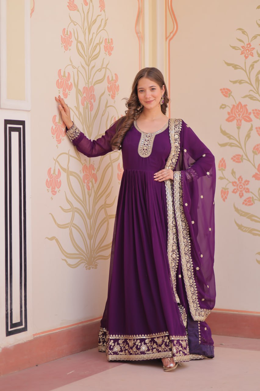 Purple Faux Blooming Georgette Saree with Zari & Sequins Embroidery – Elegant Ethnic Wear