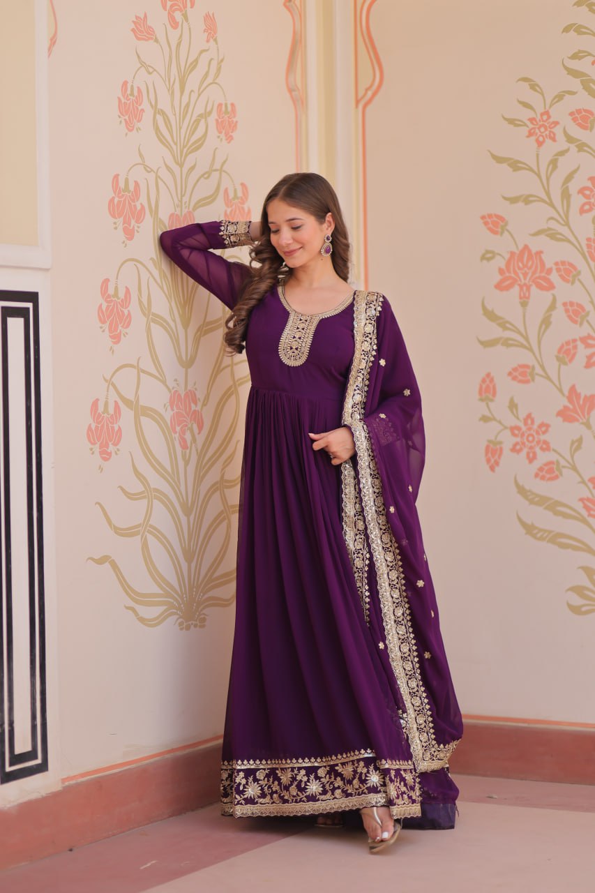 Purple Faux Blooming Georgette Saree with Zari & Sequins Embroidery – Elegant Ethnic Wear