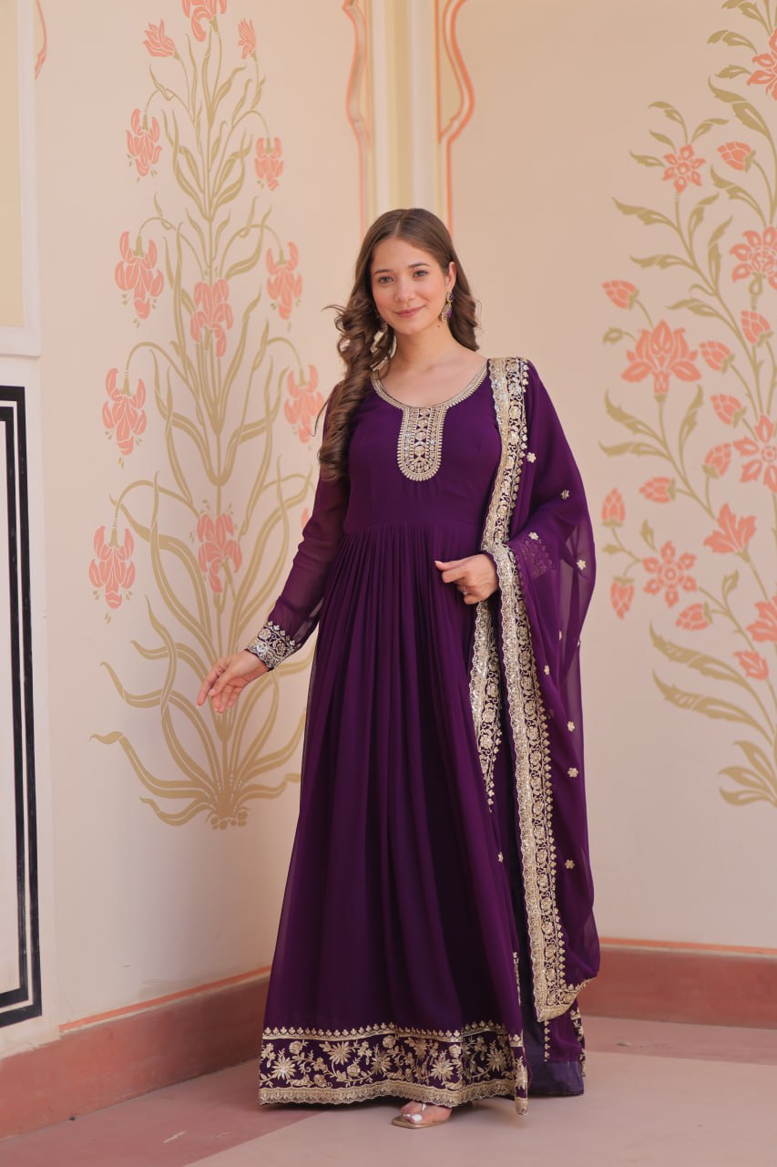 Purple Faux Blooming Georgette Saree with Zari & Sequins Embroidery – Elegant Ethnic Wear