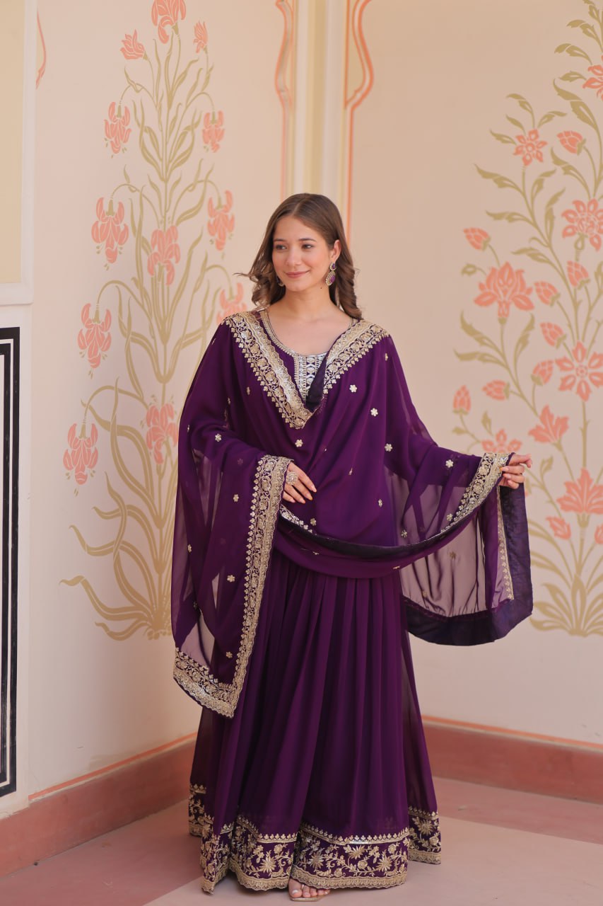 Purple Faux Blooming Georgette Saree with Zari & Sequins Embroidery – Elegant Ethnic Wear
