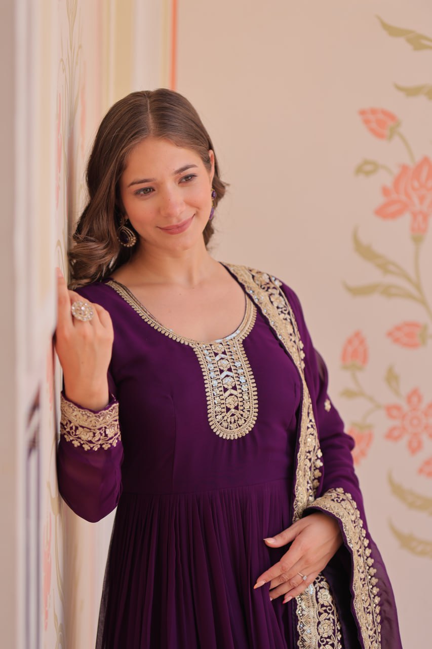 Purple Faux Blooming Georgette Saree with Zari & Sequins Embroidery – Elegant Ethnic Wear