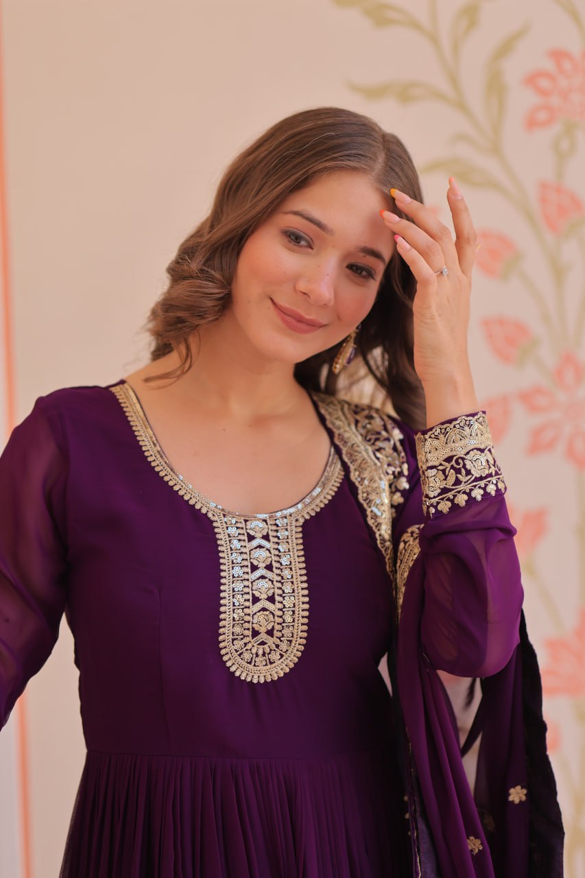 Purple Faux Blooming Georgette Saree with Zari & Sequins Embroidery – Elegant Ethnic Wear