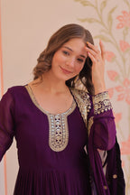 Purple Faux Blooming Georgette Saree with Zari & Sequins Embroidery – Elegant Ethnic Wear