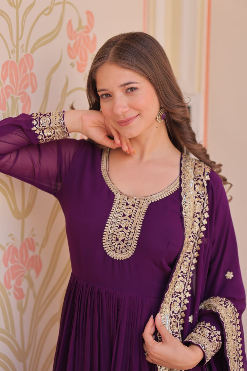 Purple Faux Blooming Georgette Saree with Zari & Sequins Embroidery – Elegant Ethnic Wear