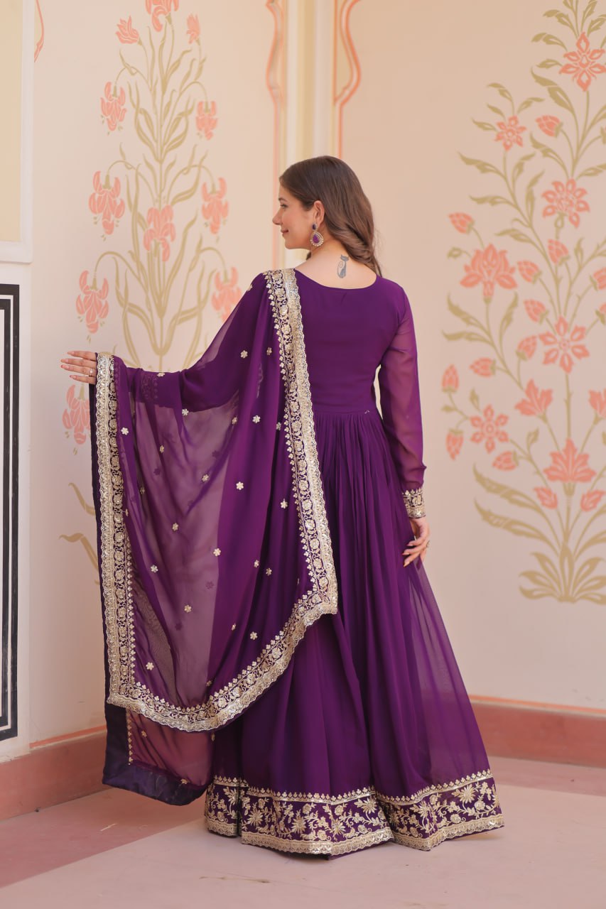 Purple Faux Blooming Georgette Saree with Zari & Sequins Embroidery – Elegant Ethnic Wear