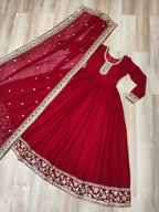 Rani Pink Faux Blooming Georgette Saree with Zari & Sequins Embroidery – Elegant Ethnic Wear