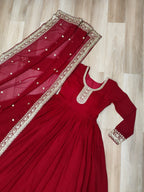 Maroon Faux Blooming Georgette Saree with Zari & Sequins Embroidery – Elegant Ethnic Wear