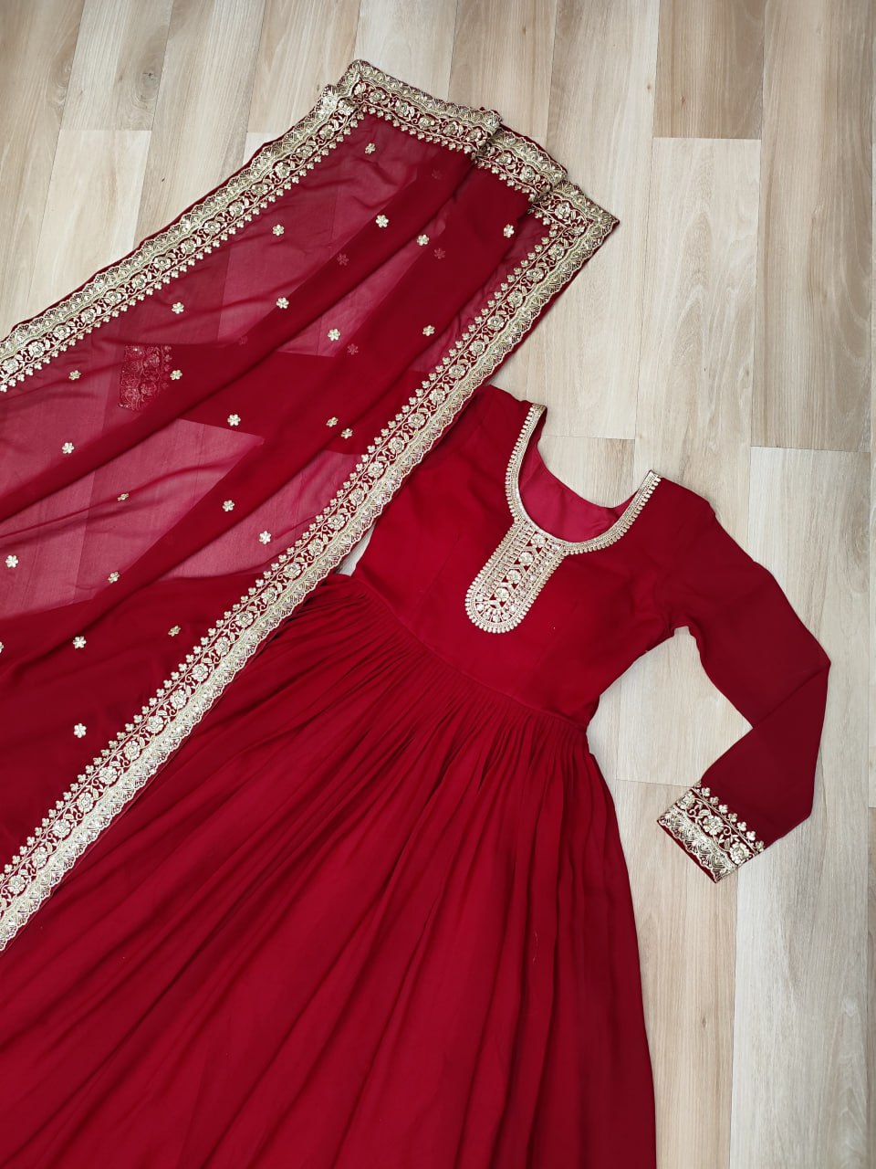 Maroon Faux Blooming Georgette Saree with Zari & Sequins Embroidery – Elegant Ethnic Wear