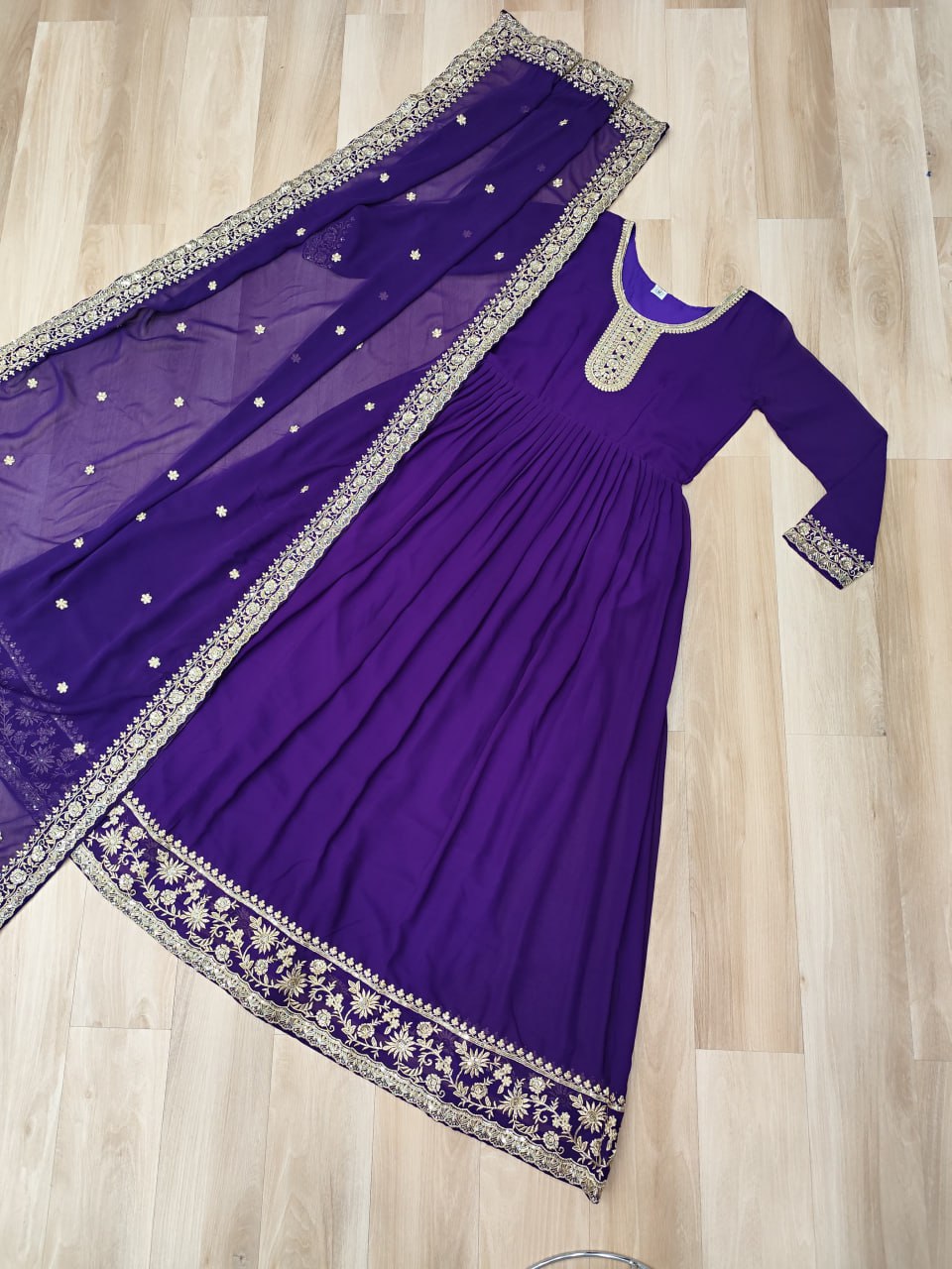 Purple Faux Blooming Georgette Saree with Zari & Sequins Embroidery – Elegant Ethnic Wear