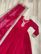 Designer Faux Blooming Georgette Rani Pink Gown with Zari & Sequins Embroidery and Matching Dupatta