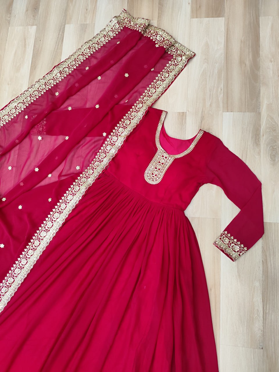 Designer Faux Blooming Georgette Rani Pink Gown with Zari & Sequins Embroidery and Matching Dupatta