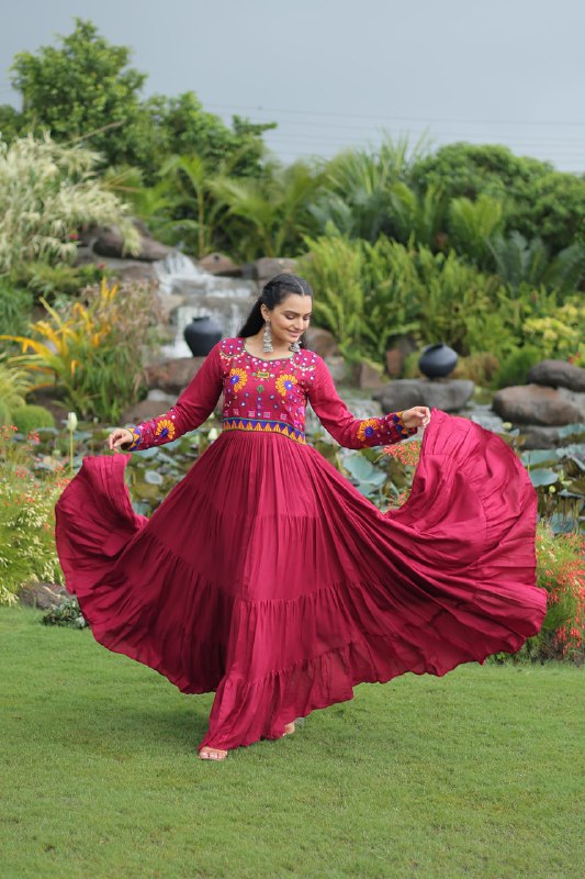 Maroon Reyon Gown for Women with Kutchi Gamthi Work – Elegant Traditional Ethnic Wear (User can adjust From 38" to 44" for your body comfort)