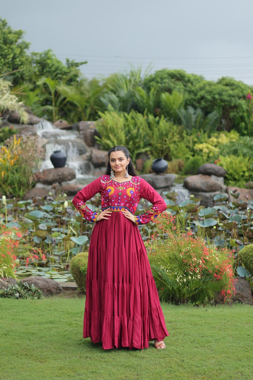 Maroon Reyon Gown for Women with Kutchi Gamthi Work – Elegant Traditional Ethnic Wear (User can adjust From 38" to 44" for your body comfort)