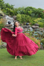 Maroon Reyon Gown for Women with Kutchi Gamthi Work – Elegant Traditional Ethnic Wear (User can adjust From 38" to 44" for your body comfort)