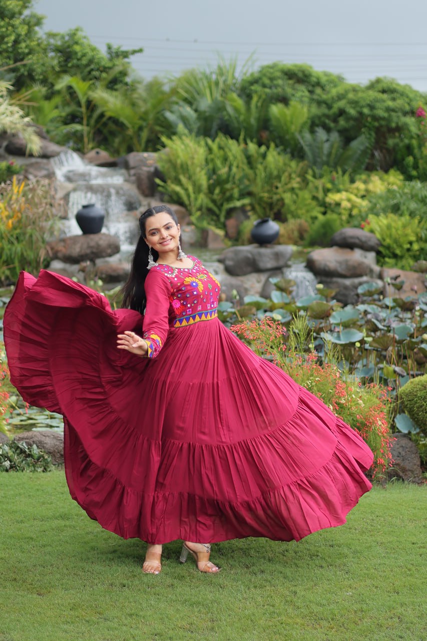 Maroon Reyon Gown for Women with Kutchi Gamthi Work – Elegant Traditional Ethnic Wear (User can adjust From 38" to 44" for your body comfort)