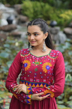 Maroon Reyon Gown for Women with Kutchi Gamthi Work – Elegant Traditional Ethnic Wear (User can adjust From 38" to 44" for your body comfort)