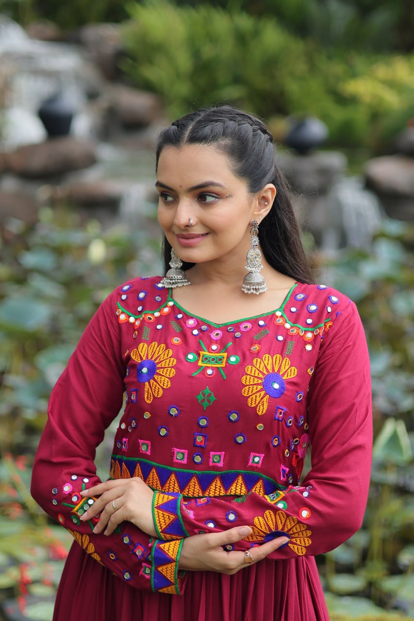 Maroon Reyon Gown for Women with Kutchi Gamthi Work – Elegant Traditional Ethnic Wear (User can adjust From 38" to 44" for your body comfort)