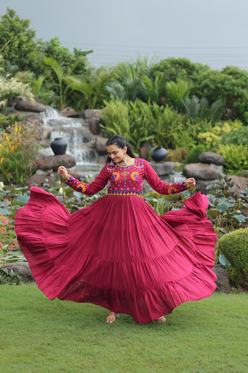 Maroon Reyon Gown for Women with Kutchi Gamthi Work – Elegant Traditional Ethnic Wear (User can adjust From 38" to 44" for your body comfort)