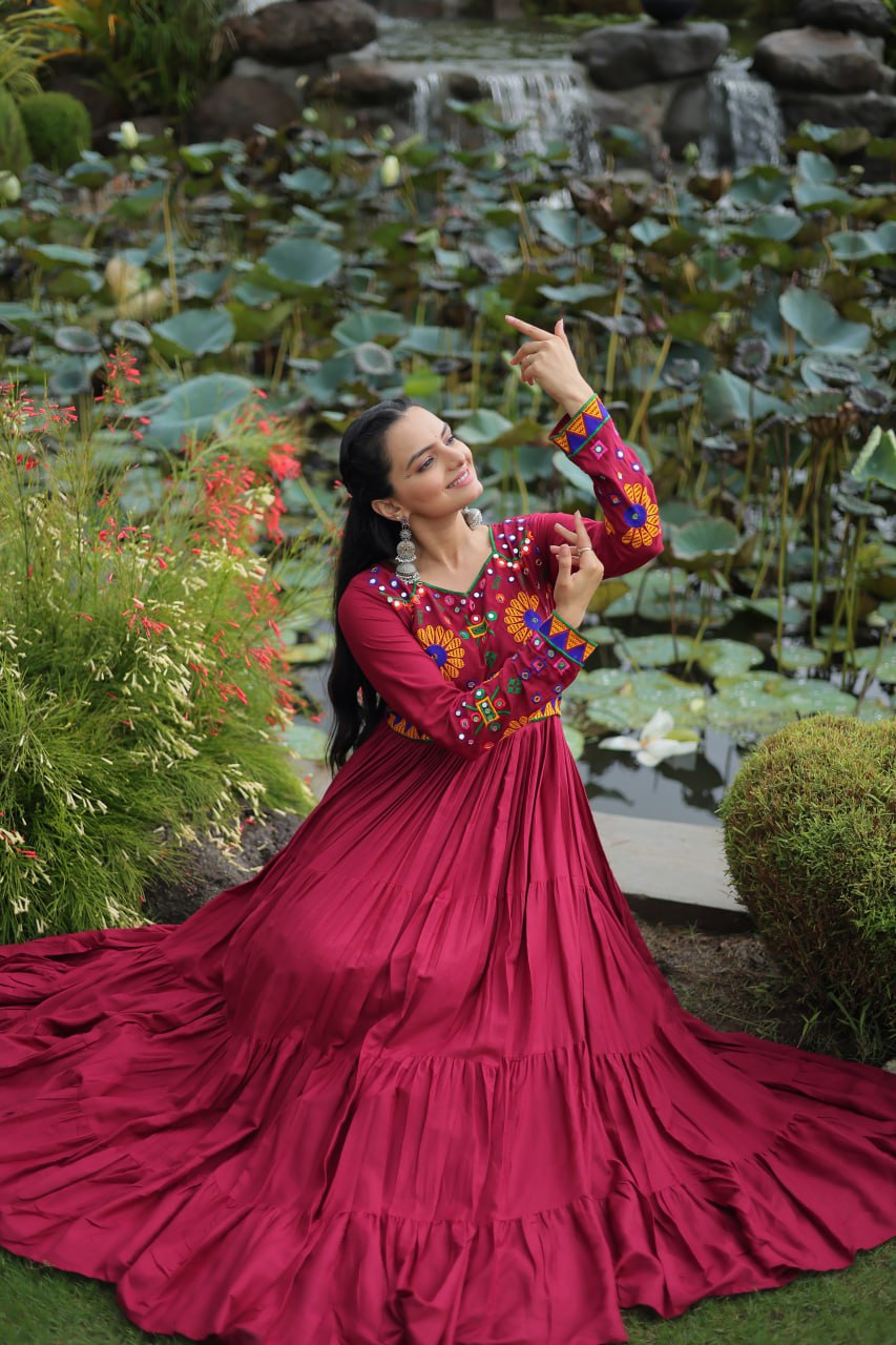 Maroon Reyon Gown for Women with Kutchi Gamthi Work – Elegant Traditional Ethnic Wear (User can adjust From 38" to 44" for your body comfort)