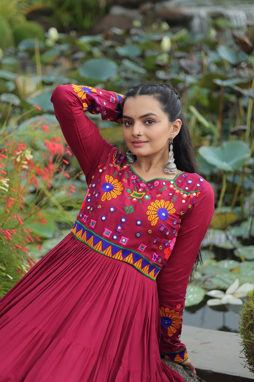 Maroon Reyon Gown for Women with Kutchi Gamthi Work – Elegant Traditional Ethnic Wear (User can adjust From 38" to 44" for your body comfort)