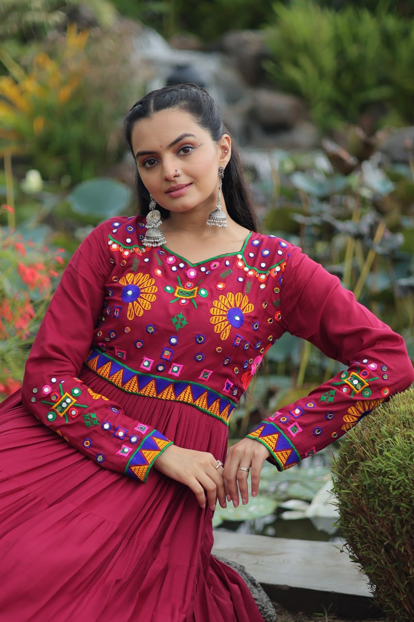 Maroon Reyon Gown for Women with Kutchi Gamthi Work – Elegant Traditional Ethnic Wear (User can adjust From 38" to 44" for your body comfort)
