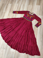 Maroon Reyon Gown for Women with Kutchi Gamthi Work – Elegant Traditional Ethnic Wear (User can adjust From 38" to 44" for your body comfort)