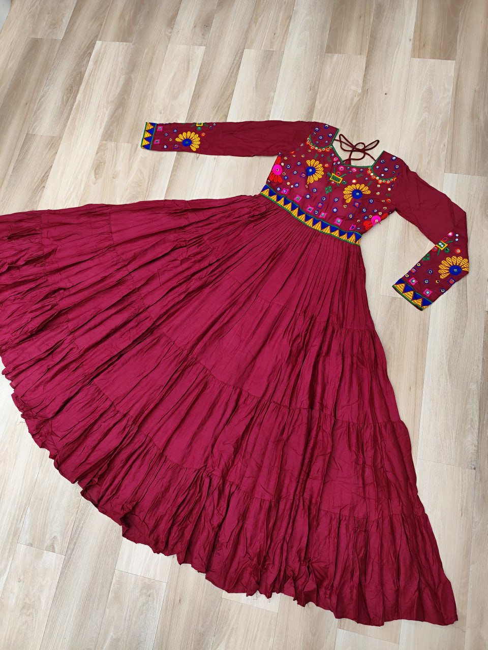 Maroon Reyon Gown for Women with Kutchi Gamthi Work – Elegant Traditional Ethnic Wear (User can adjust From 38" to 44" for your body comfort)