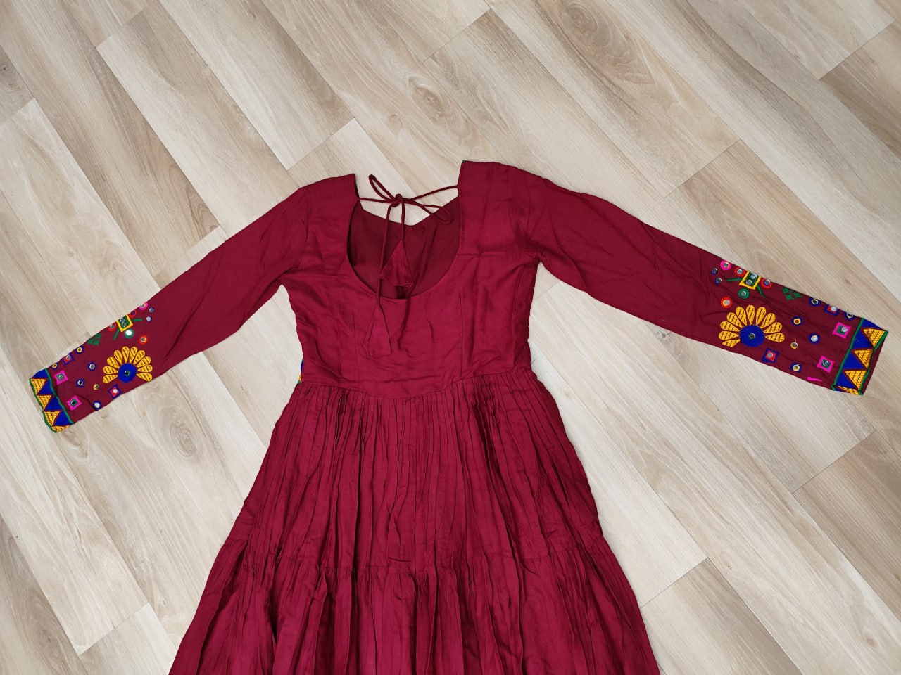 Maroon Reyon Gown for Women with Kutchi Gamthi Work – Elegant Traditional Ethnic Wear (User can adjust From 38" to 44" for your body comfort)