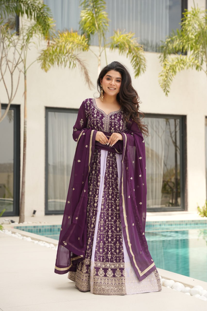 Luxury Faux Looming Wine Gown with Zari & Sequins Embroidery and Matching Dupatta – Kali Pattern Stitching