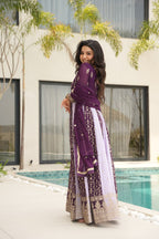 Luxury Faux Looming Wine Gown with Zari & Sequins Embroidery and Matching Dupatta – Kali Pattern Stitching