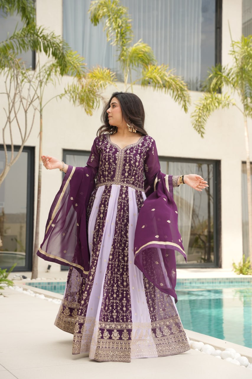 Luxury Faux Looming Wine Gown with Zari & Sequins Embroidery and Matching Dupatta – Kali Pattern Stitching