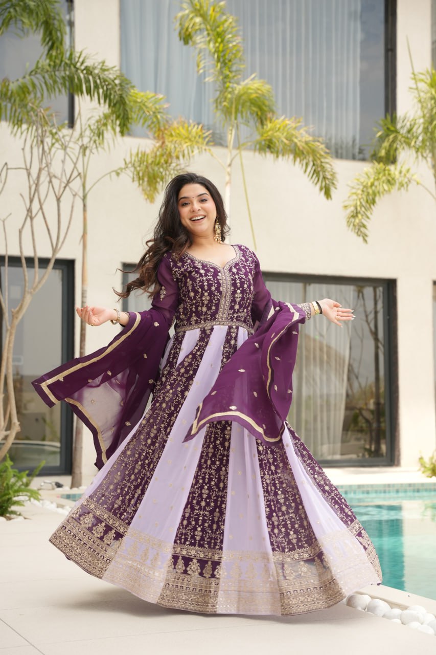 Luxury Faux Looming Wine Gown with Zari & Sequins Embroidery and Matching Dupatta – Kali Pattern Stitching