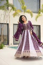 Luxury Faux Looming Wine Gown with Zari & Sequins Embroidery and Matching Dupatta – Kali Pattern Stitching