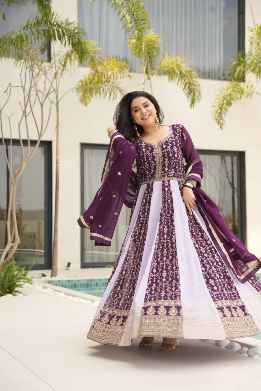 Luxury Faux Looming Wine Gown with Zari & Sequins Embroidery and Matching Dupatta – Kali Pattern Stitching