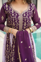 Luxury Faux Looming Wine Gown with Zari & Sequins Embroidery and Matching Dupatta – Kali Pattern Stitching