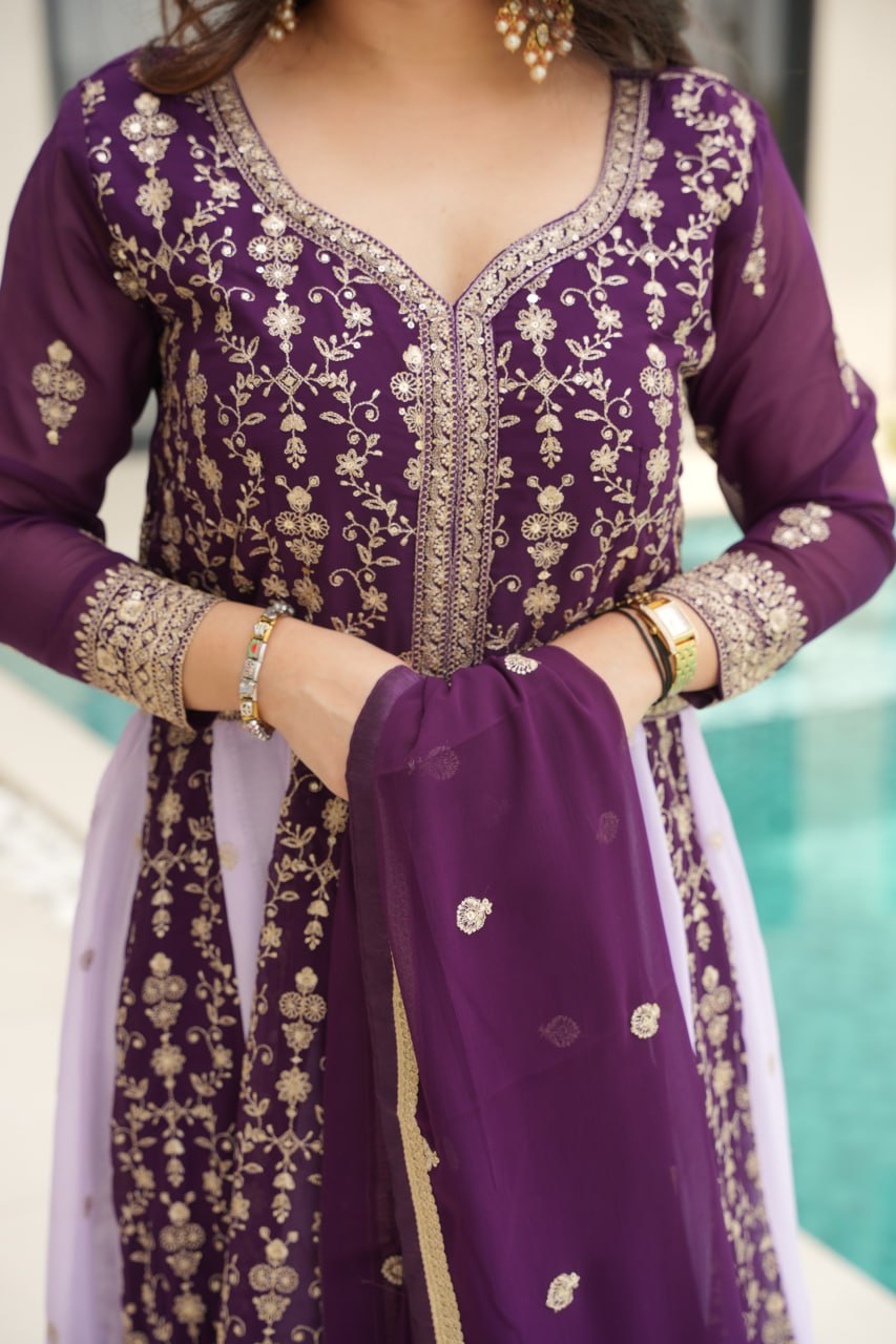 Luxury Faux Looming Wine Gown with Zari & Sequins Embroidery and Matching Dupatta – Kali Pattern Stitching