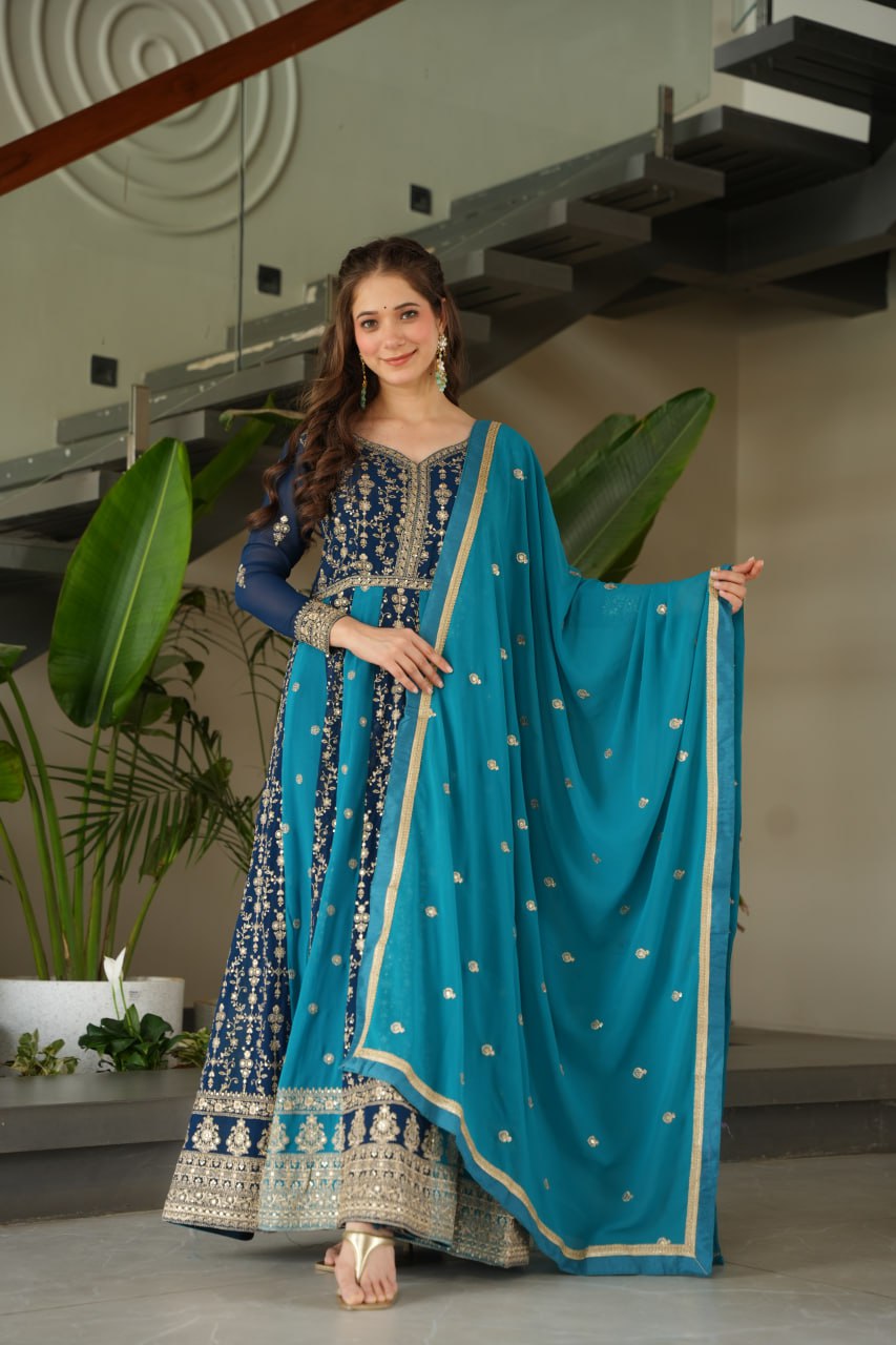 Luxury Faux Looming Rama Gown with Zari & Sequins Embroidery and Matching Dupatta – Kali Pattern Stitching